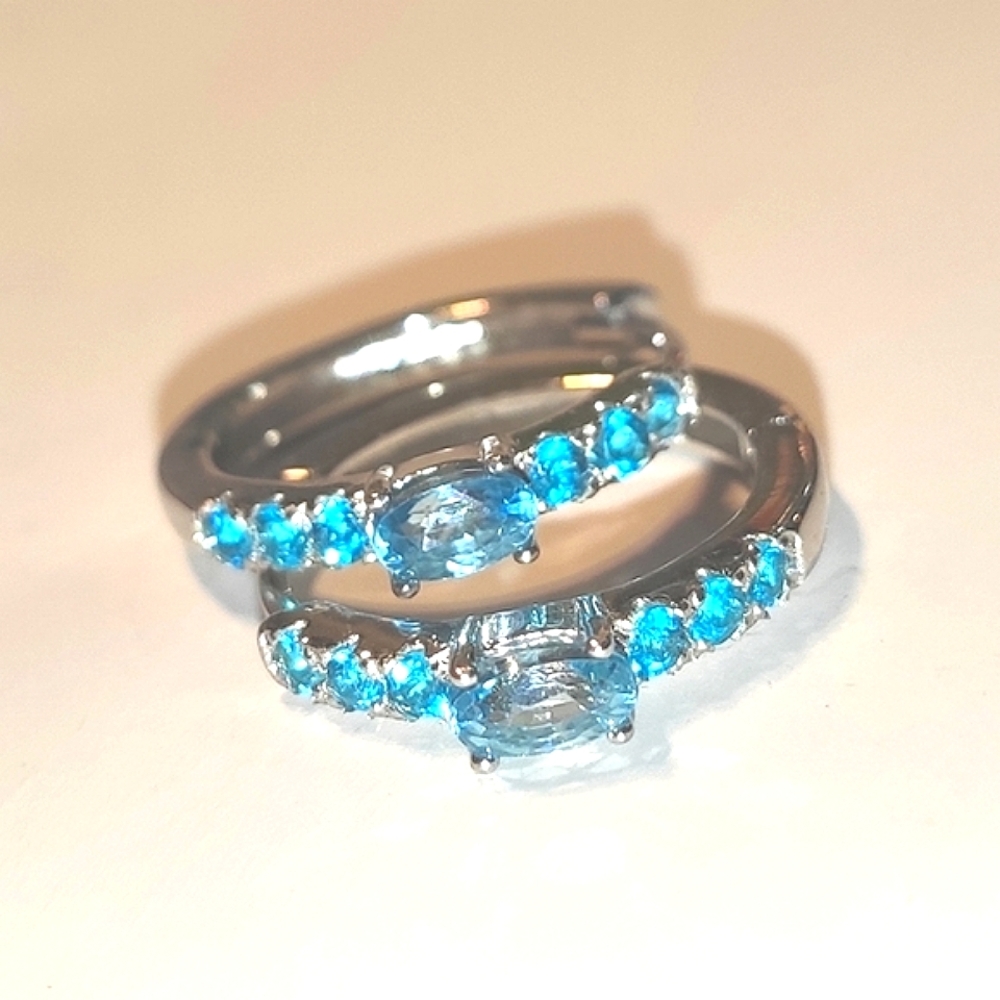 NATURAL Blue Zircon And Apatite 925 Sterling Silver Earrings Hoops - Picture 6 of 13